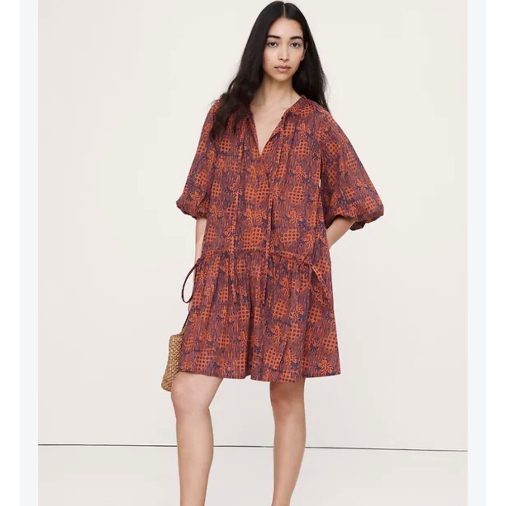 Banana Republic Lightweight Cotton Mini Dress Batik Print Puff Sleeve Women's XS